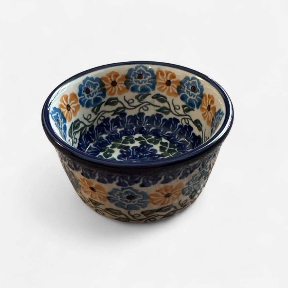 Polish Pottery hand painted ramekin bowl blue floral ivy Ceramika Artystyczna
